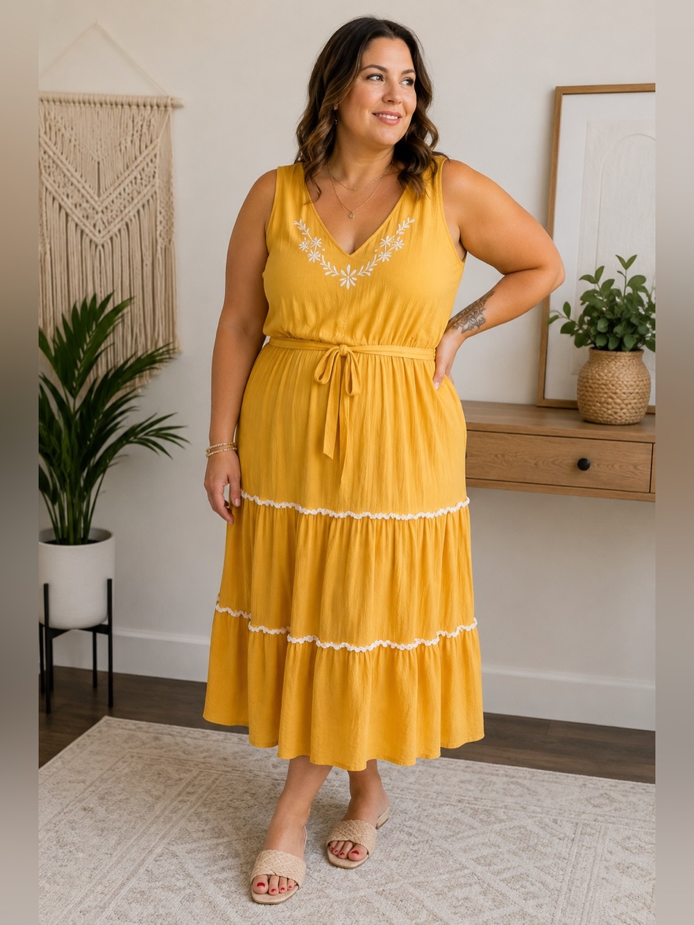 Joie Mustard Yellow Embroidered Tiered Maxi Dress Size 12